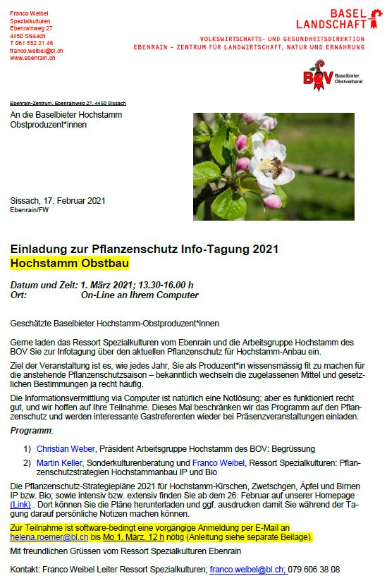 Einladung Hochstamm Info Tagung 1.März.2021